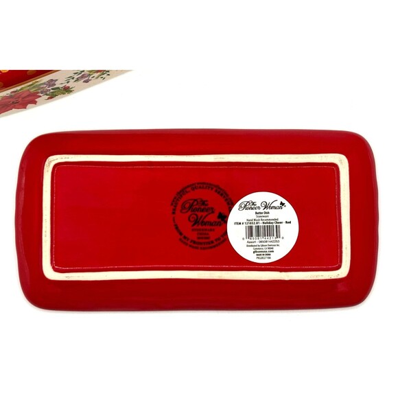 Pioneer Woman Holiday Cheer Red Gold Poinsettias Stoneware Covered Butter Dish - Picture 7 of 16